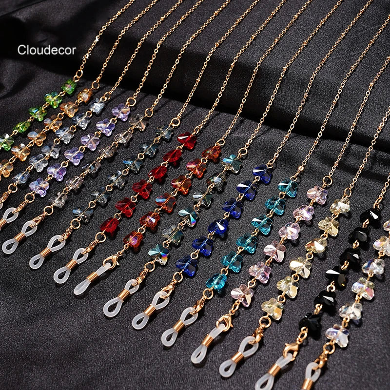 Dual-Purpose Gold Plated Butterfly Crystal Eyeglasses Chain Anti-Slip Beaded Glasses Chain for Women for Masks and Eyewear