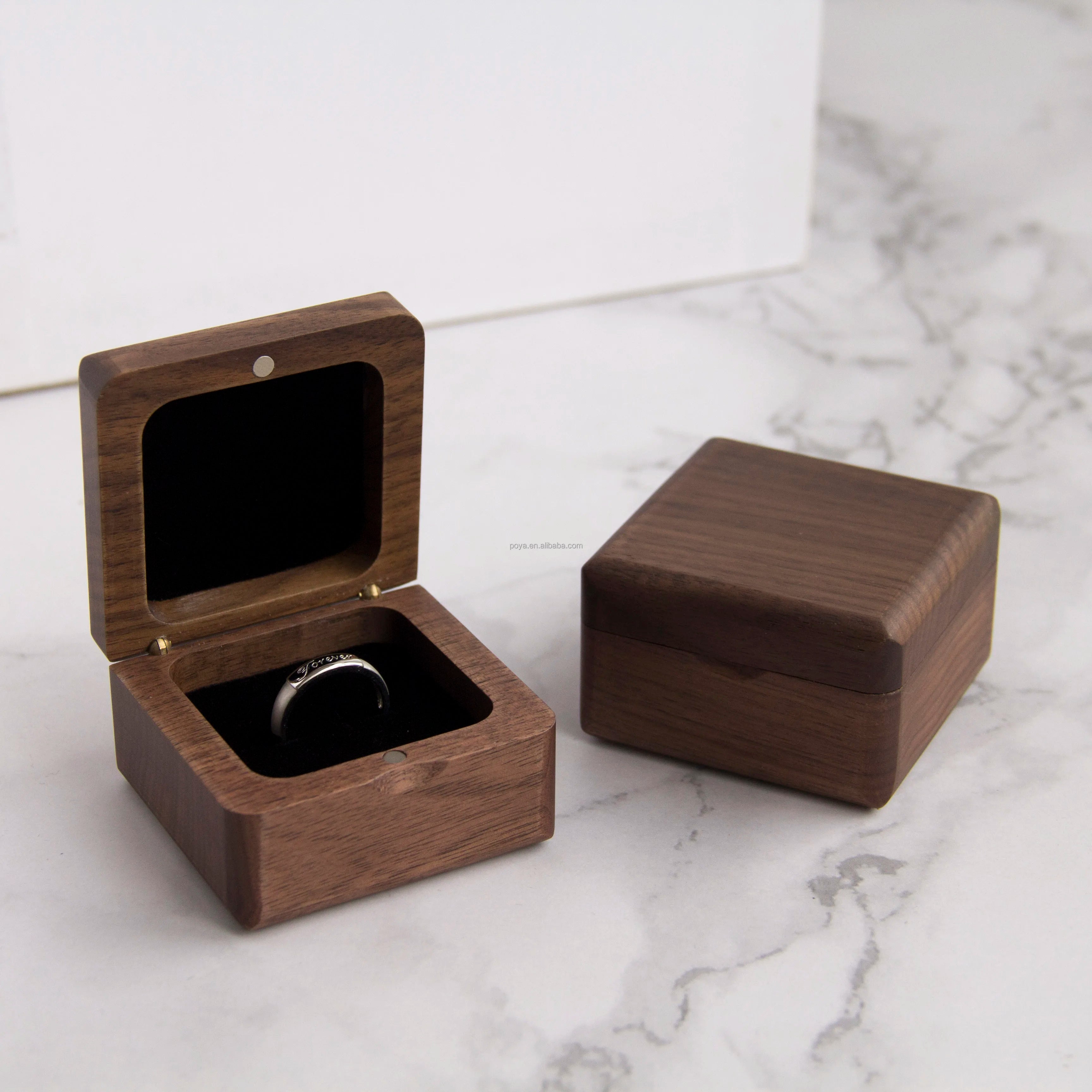 POYA Square Walnut Wood Ring Box Proposal Wooden Ring Holder for Wedding Ceremony