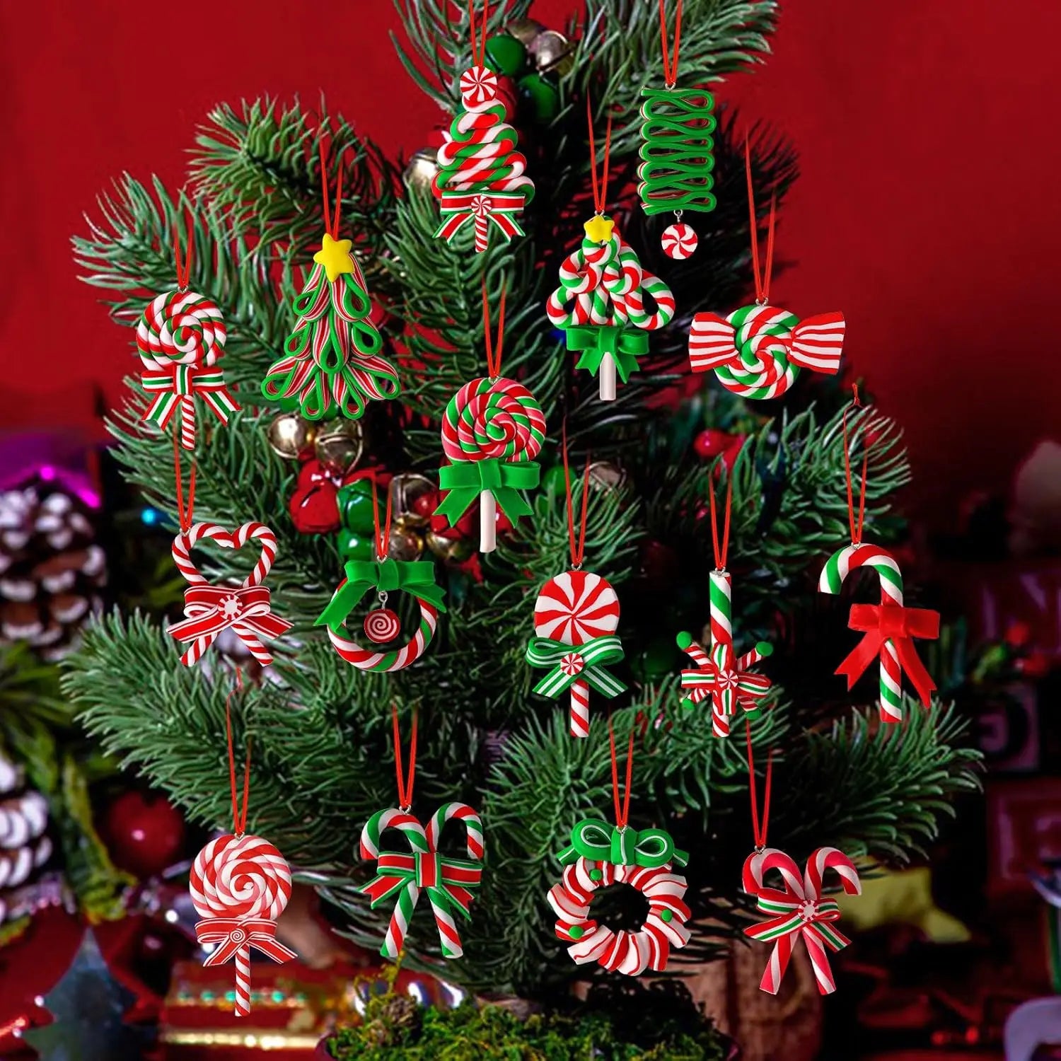 Lollipop Theme Polymer Clay 16pcs 2.4 Inches Christmas Tree Ornaments for Home Decor
