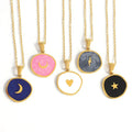 18K Gold Plated Stainless Steel Enamel Irregular Medal Coin Pendant Simple Moon Star lightning Five Pointed Star Heart Necklace