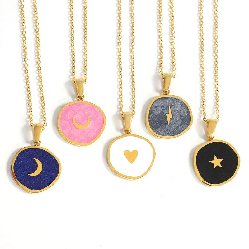 18K Gold Plated Stainless Steel Enamel Irregular Medal Coin Pendant Simple Moon Star lightning Five Pointed Star Heart Necklace