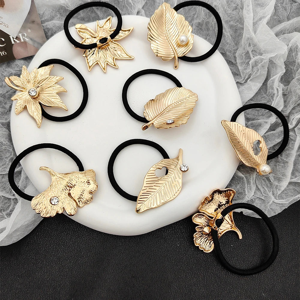 Europe America New Gold  Bow Leaf Metal Elastic Hair Ties Simple Elegant Women Alloy Hair Rope Wholesale