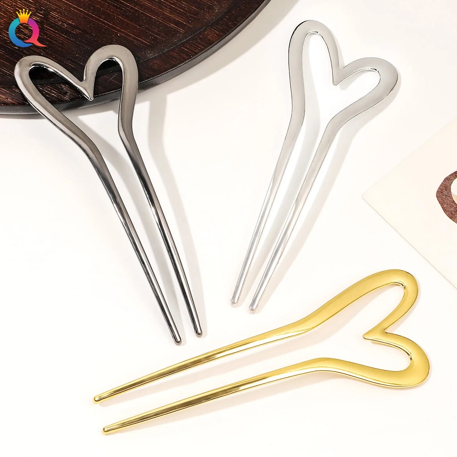 QIYUE U-shaped Love Heart Antique Hair Clip High-grade Metal Hair Clip Simple Hanfu Hair Clip