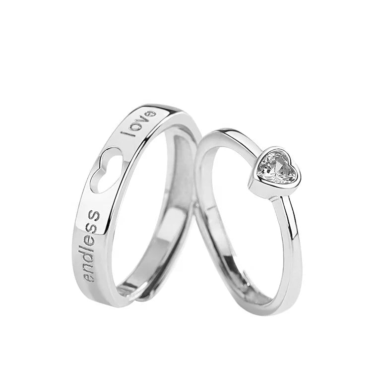 S136 925 Sterling Silver Adjustable Engagement Rings Heart Diamond Open CZ Zircon Wedding Ring Rhodium Plated for Women Men