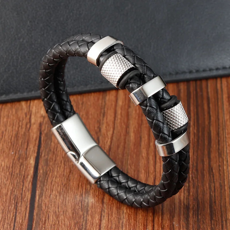 Fashion Double Layer Leather Men's Bead Bracelet Hand Genuine Leather Woven Bangle for Men Bracelet Jewelry Gift Customized