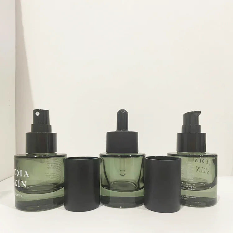 Custom Glass Cosmetic Serum Bottle Thick Bottom  40ml 1oz Black Flat Shoulder Dropper Bottle Glass Essential Oil Bottle