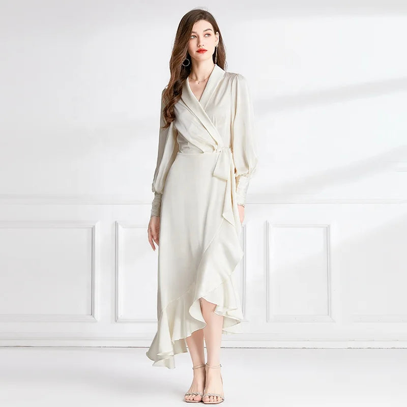 Spring New Women's Fashion and Fashion Satin Lace up Slim Fit Ruffle Edge Irregular Long Dress