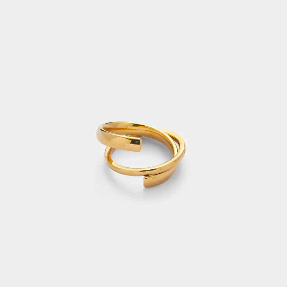 Irregular Fashion Ring 18K Gold Plated Stainless Steel Round Lines Double Layer Cross Rings Waterproof Jewelry  YF5044