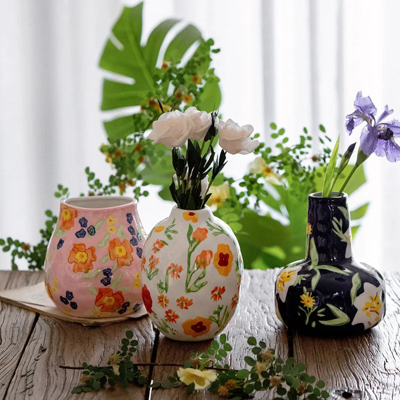 Retro Japanese Hand Painted Ceramic Vase Living Room Decoration Flower Arrangement Vase Home Decoration
