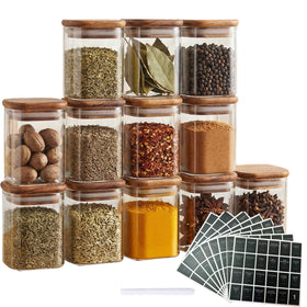 New Luxury 150ml 200ml 300ml 5oz 8oz 10oz Mini Custom Logo Square Kitchen Glass Container Spice Jars with Acacia Wooden Lid