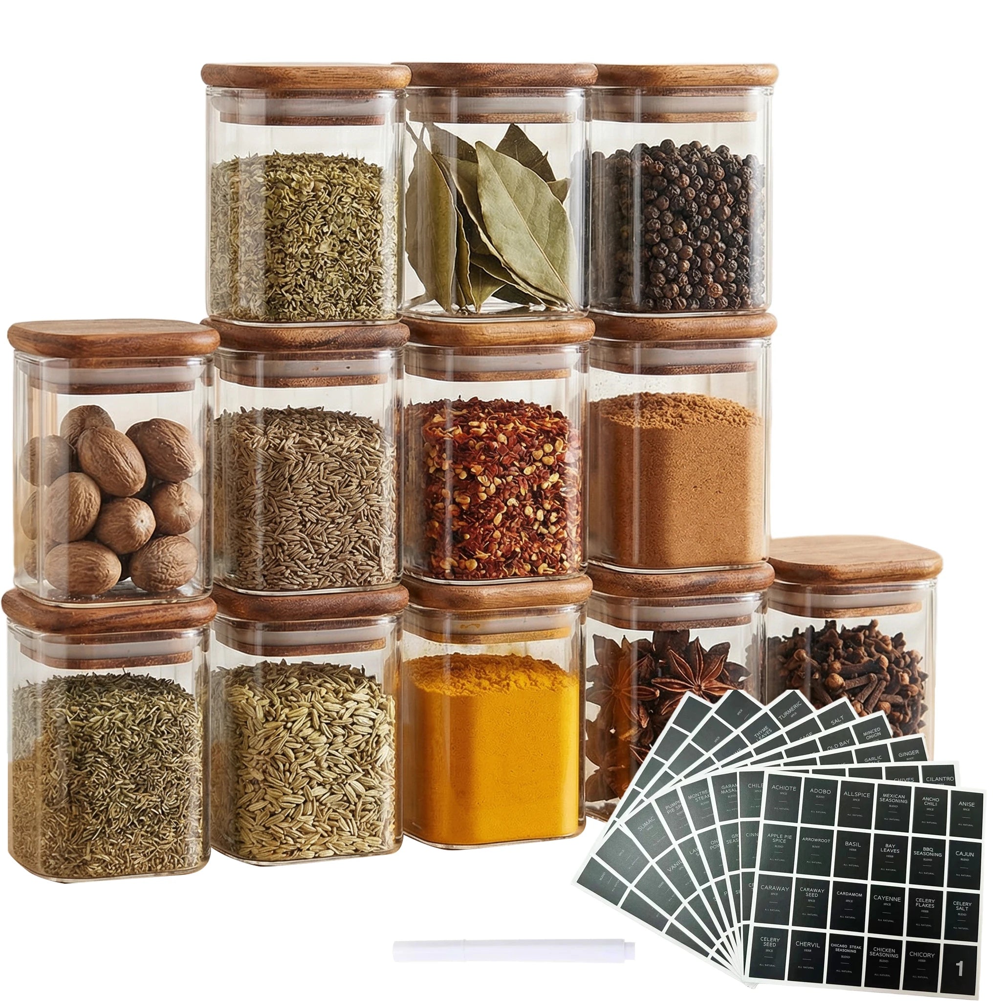 New Luxury 150ml 200ml 300ml 5oz 8oz 10oz Mini Custom Logo Square Kitchen Glass Container Spice Jars with Acacia Wooden Lid