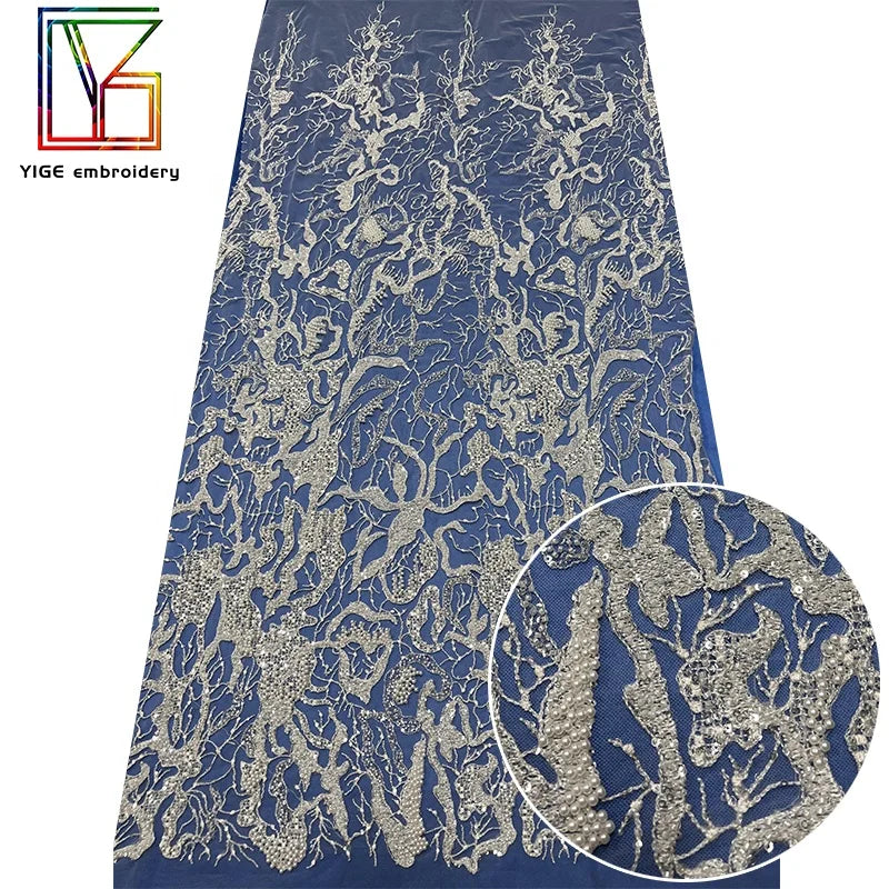 New White Beaded Pearls Embroidery African Dubai Net Tulle Bridal Sequin Lace Fabric for Dress