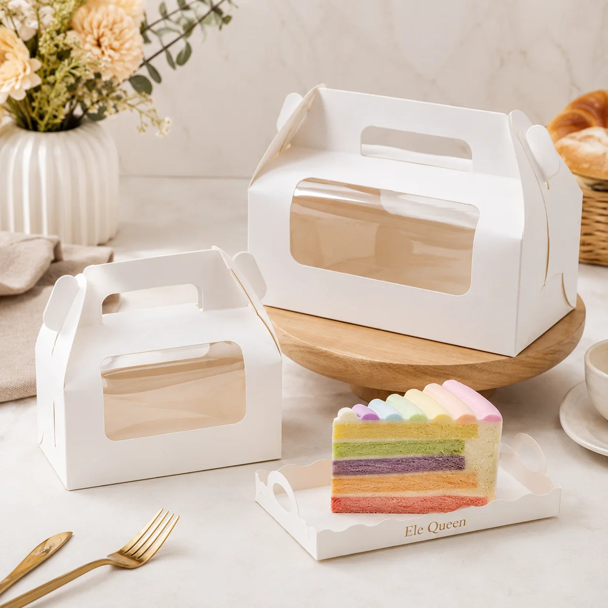 Custom Cake Roll Packaging Box with Clear Window Handle Food Grade Paper Box for Dessert Gift Packaging MegaBDM