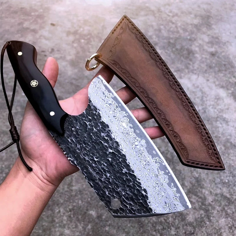 FZIZUO Chinese Handmade Eco-Friendly Leather Sheath Ebony Wood Handle VG10 Core Damascus Steel Chef Chopper Knife