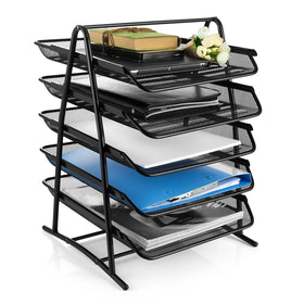 Office Desktop Foldable Mesh Paper File Tray Black Metal Iron Mesh 5 Tier Document Letter File Tray Metal Mesh Desk Organizer