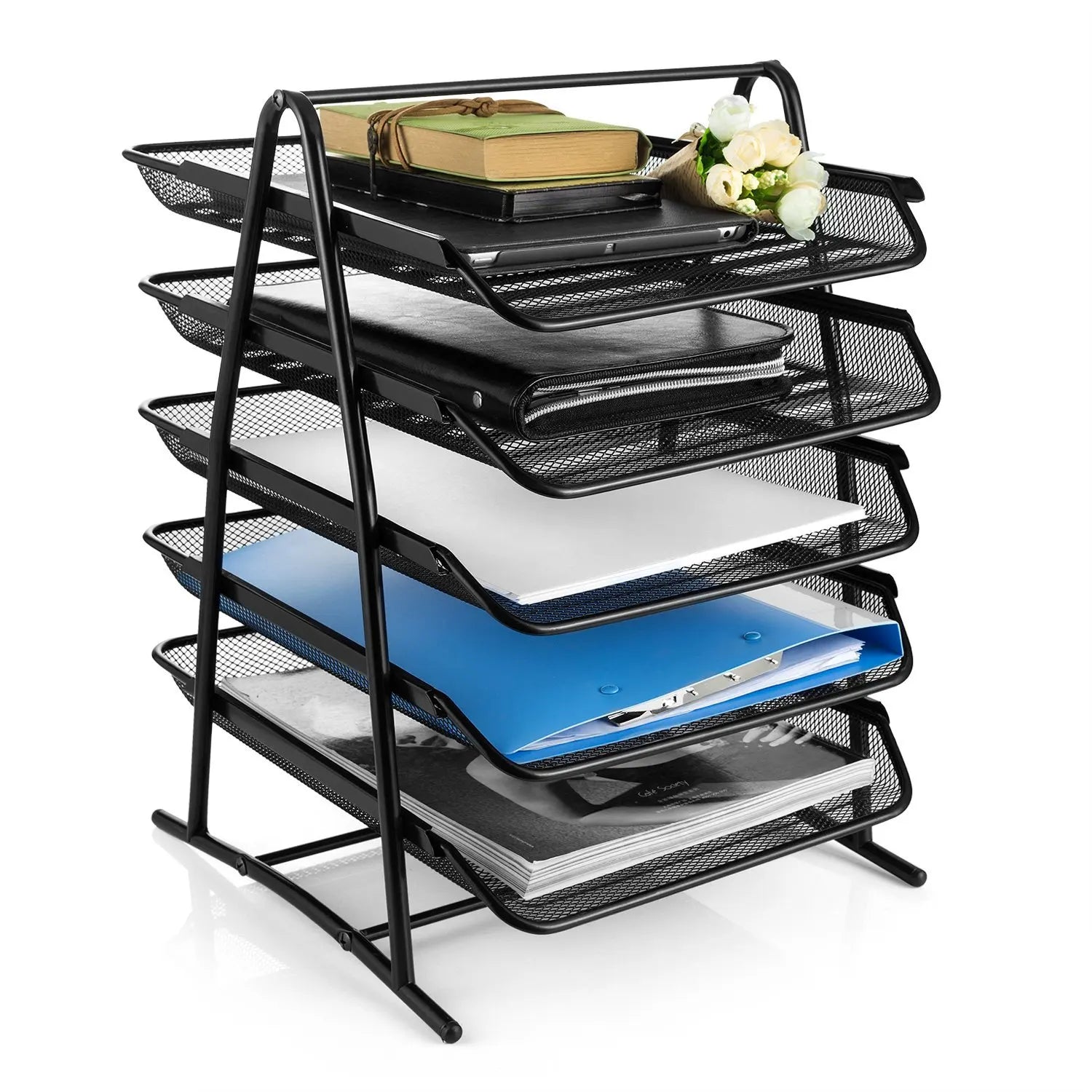 Office Desktop Foldable Mesh Paper File Tray Black Metal Iron Mesh 5 Tier Document Letter File Tray Metal Mesh Desk Organizer