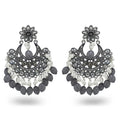 2025 Newest Design Vintage Ethnic Style Antique Silver Alloy Hollow Crystal Gem Flower Pearl Tassel Indian Earrings