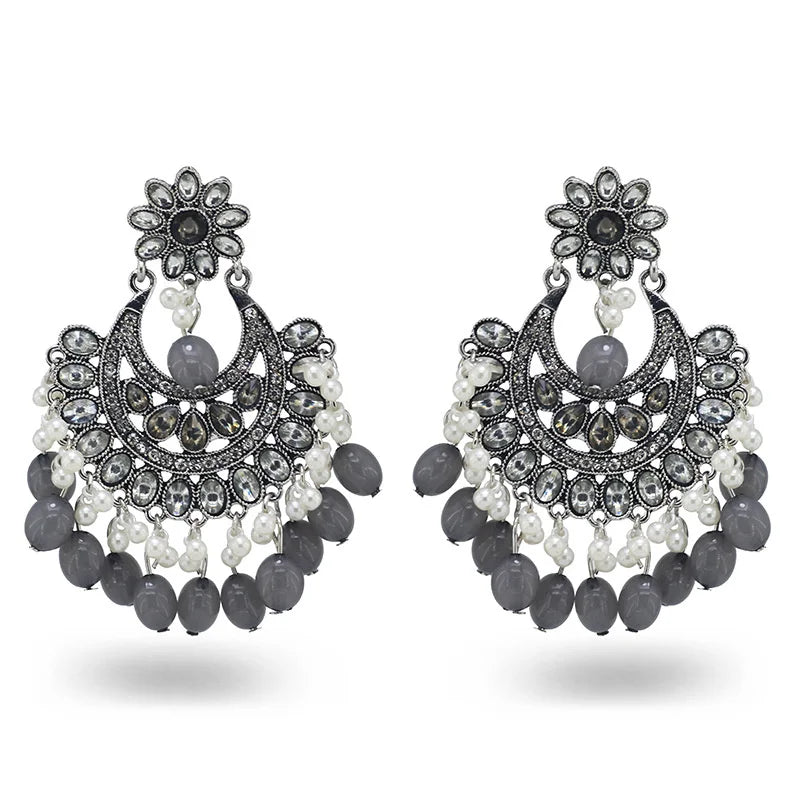 2025 Newest Design Vintage Ethnic Style Antique Silver Alloy Hollow Crystal Gem Flower Pearl Tassel Indian Earrings