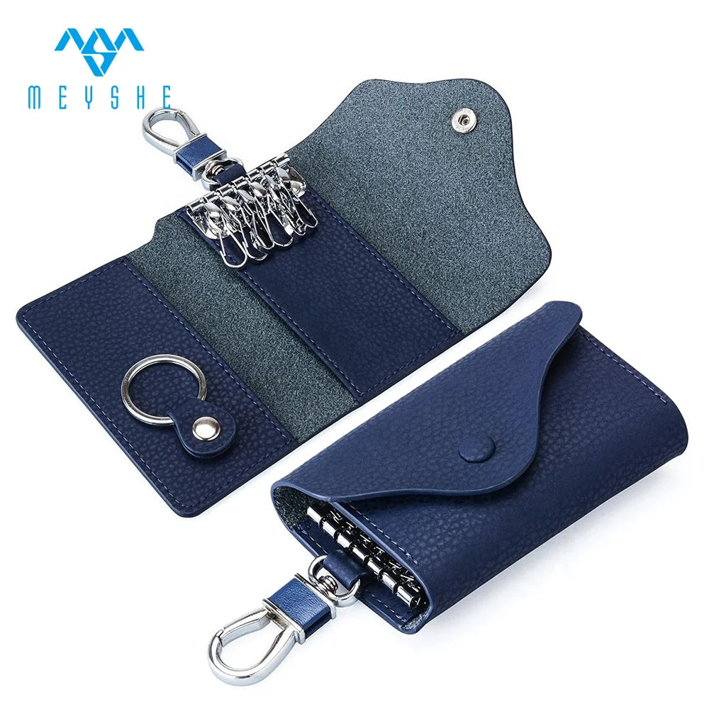 Factory Custom Navy Genuine Leather Key Holder Wallet Navy With Metal Ring