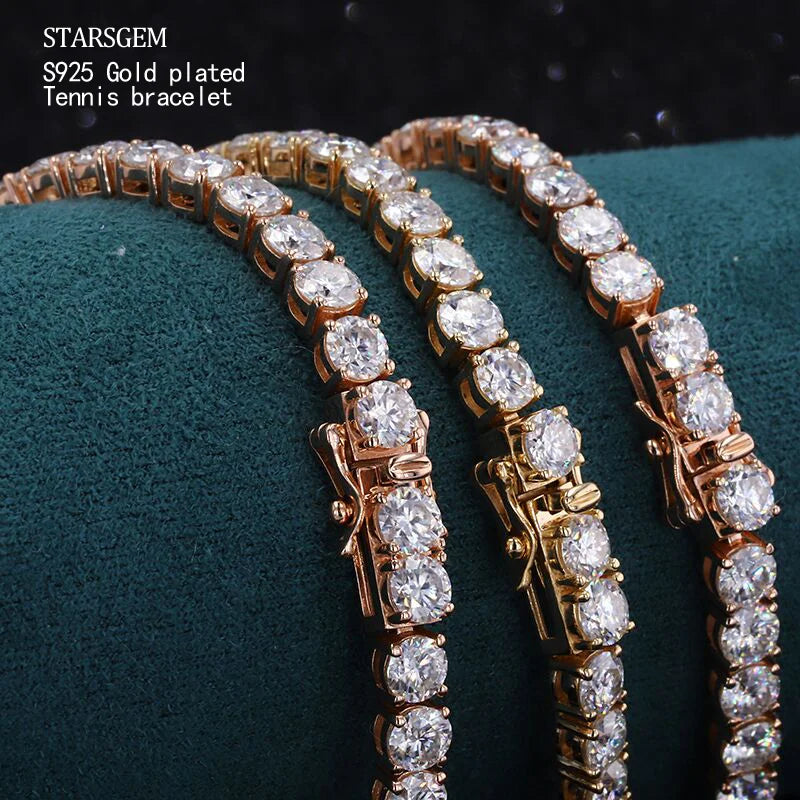 Wholesale Price Starsgem D Color White Moissanite Brilliant Cut Diamond Full S925 Gold Plated Tennis Bracelet