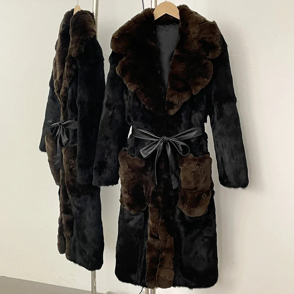 OFTBUY 2025 Women's Luxury Fashion Winter Coat Natural Rabbit Fur Jacket with Long Leather Belt Warm Clothes