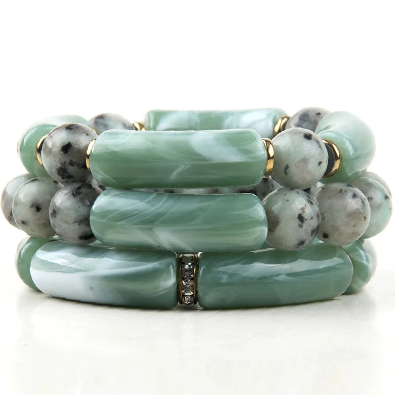Women 3pc 12mm Handmade Natural Stone Thick Acrylic Pipe Bracelets Elastic Stretch Stack Bracelet Set