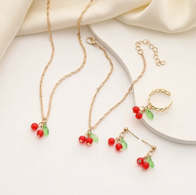 Ins Wind Small Fresh Fruit Set Stainless Steel Cross-border Simple Green Leaf Red Cherry Pendant Necklace Hand Earrings Ring