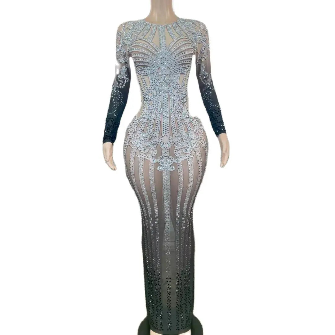 Luxury See Through Crystal Rhinestone Formal Birthday Club Party Dress Women Wedding Gown Long Prom Evening Dress Plus Size