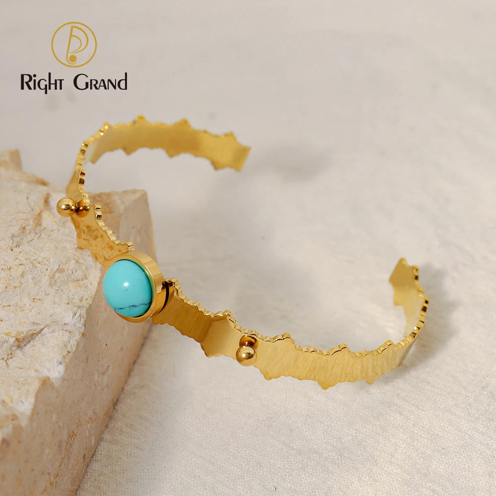 Bohemian Charm Fashion Cuff Bracelet Stainless Steel Open Gold Turquoise Metal Bangle Bracelet Jewelry for Women Holiday