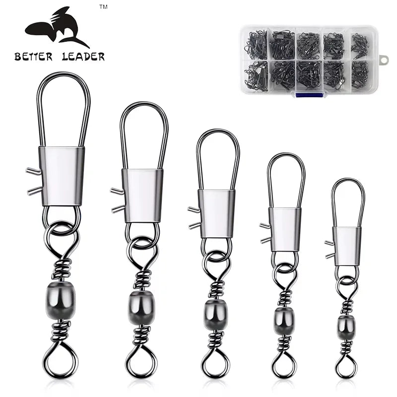 100PCS Fishing Barrel Swivel with Safety Snap Interlock Snaps High Strength Fishing Swivel Snaps Hook Line Counter Kit Tackle A1