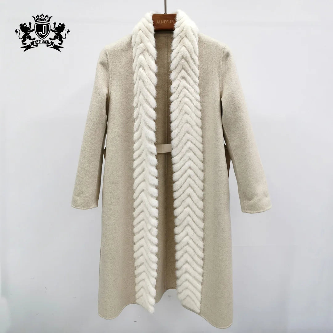 Winter Trend White Real Mink Fur Jacket Cashmere Trench Coat Fashion Women Wool Real Sheep Long Fur Coat
