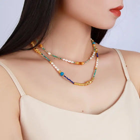Wholesale Double Layer Natural Pearl Colorful Semi-precious Stone Gold Brass Bead Chain Strand Necklace Handmade Boho Jewelry