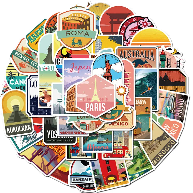 50PCS Carton Travel Stickers City Landscape Stickers World Famous Country Regions Waterproof Stickers