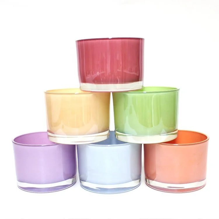 FENGJUN BULK Glossy Cream Colors pink Yellow Warm Colors Fragrance Scent Inside Spray Colorful Glass Candle Container