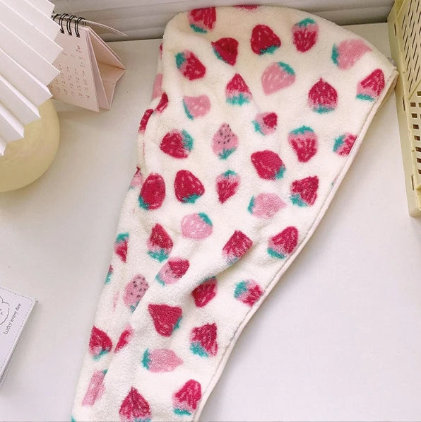 Instagram Style Cute Strawberry Print Coral Fleece Dry Hair Towel Quick Dry Absorbent Turban Akzia 25*65cm Unisex Home SPA