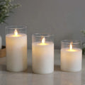 Wedding Set of 3 White Glass Flameless Candle Real Wax LED Electric Battery Candles with Moving Flame