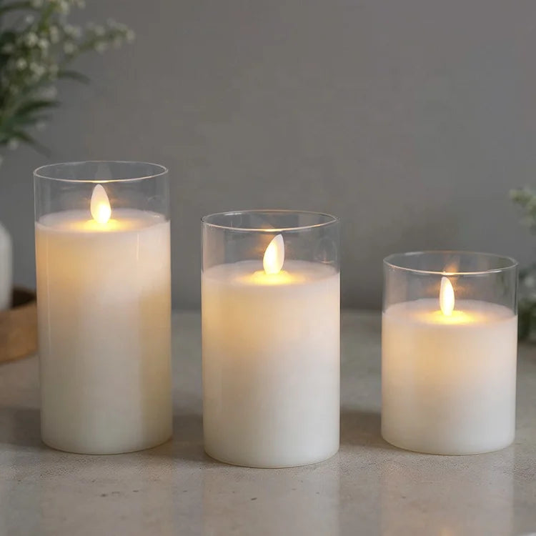 Wedding Set of 3 White Glass Flameless Candle Real Wax LED Electric Battery Candles with Moving Flame