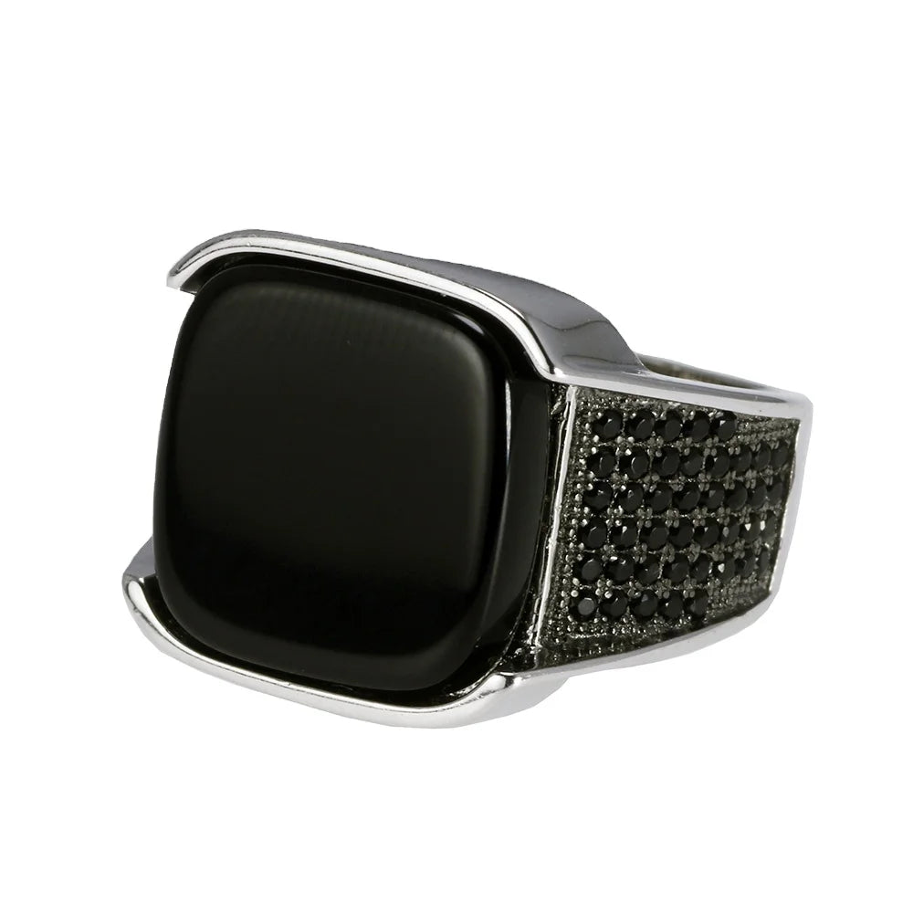 Guaranteed 925 Sterling Silver Rings Antique Turkish Ring Jewellery for Men With Square Black Natural Stones Simple Design