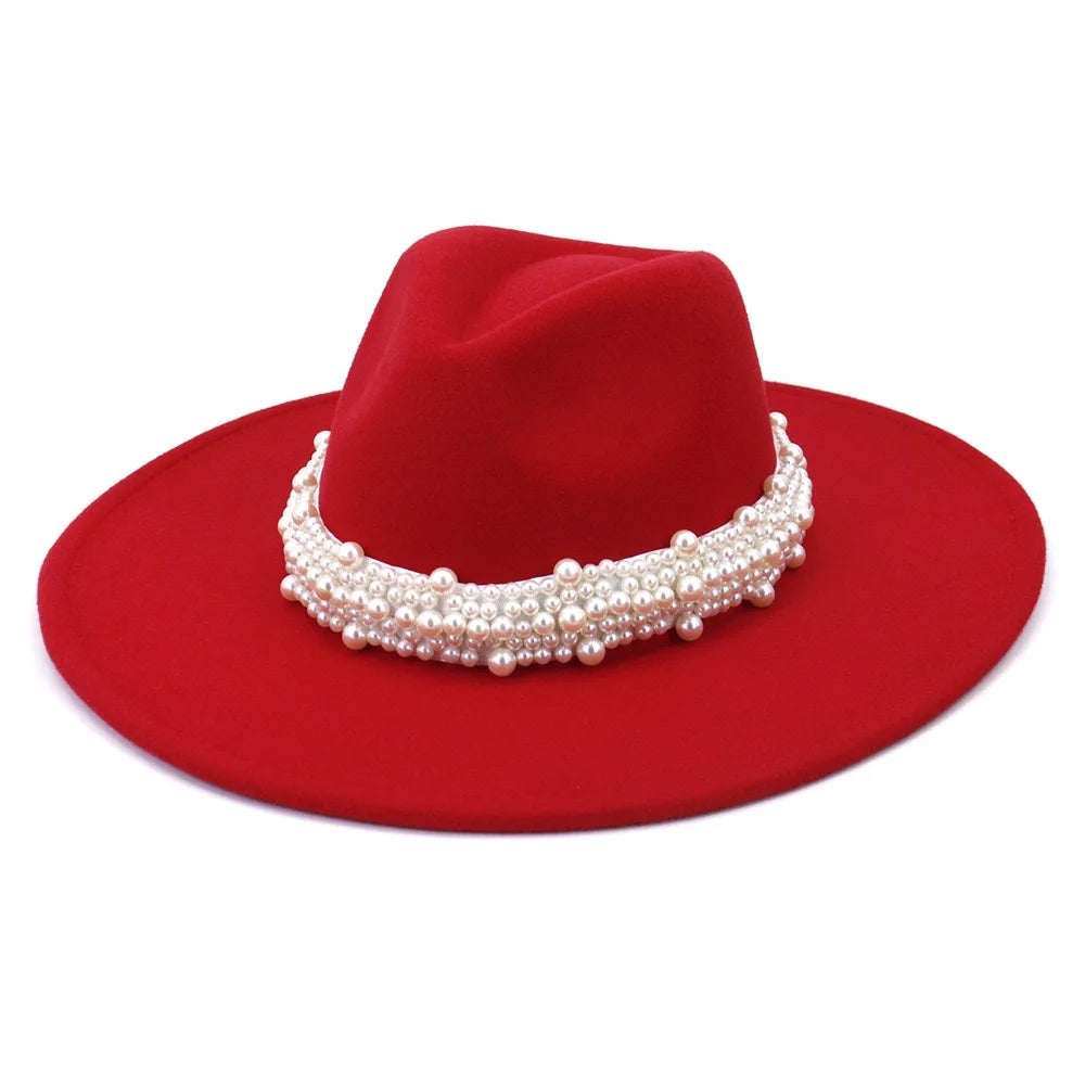 Wholesale Pearls Decoration Flat Wide Brim Fedora Hat Women Fashion Ladies Fedora Hats for Women