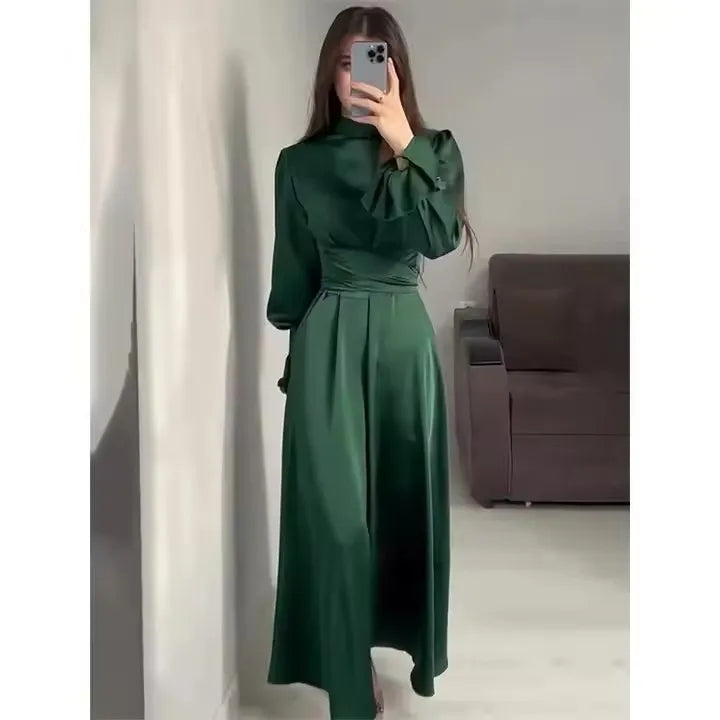 2025 Women Patchwork Slim Lace-Up Solid Vintage Evening Partywear Ladies Long Dress Ruffled Bandage Elegant Maxi Dress