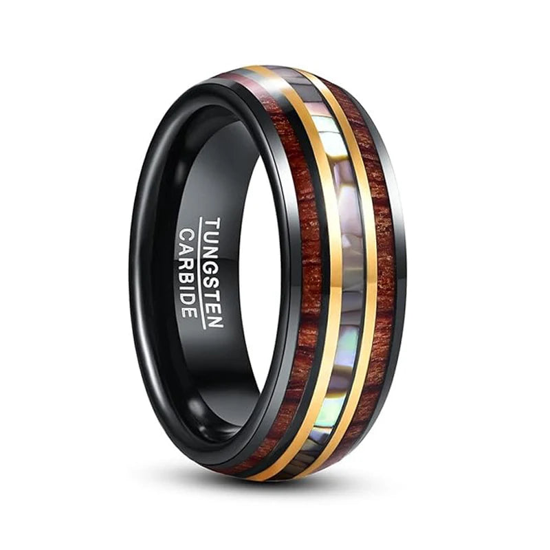 Men's Wedding Ring Invisible Setting Abalone Shell Koa Wood Tungsten Carbide Gold Strip Classic Style for Engagement Party Gift