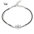 Handmade Rhodium Plated Black Cord Double Chains Cubic Zirconias Mini Flower Charm 925 Silver Bracelet for Girls Party Gift