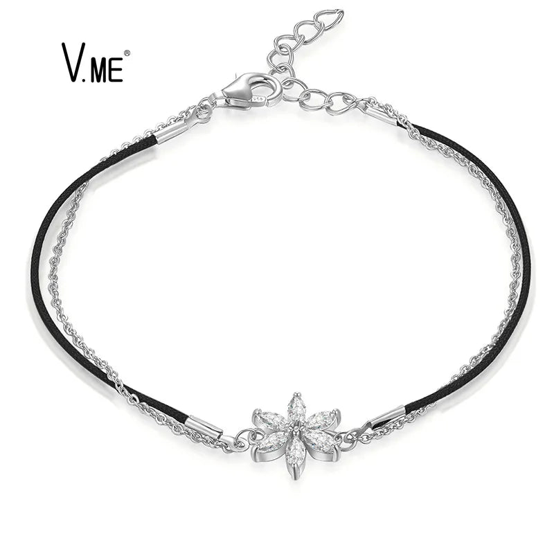 Handmade Rhodium Plated Black Cord Double Chains Cubic Zirconias Mini Flower Charm 925 Silver Bracelet for Girls Party Gift
