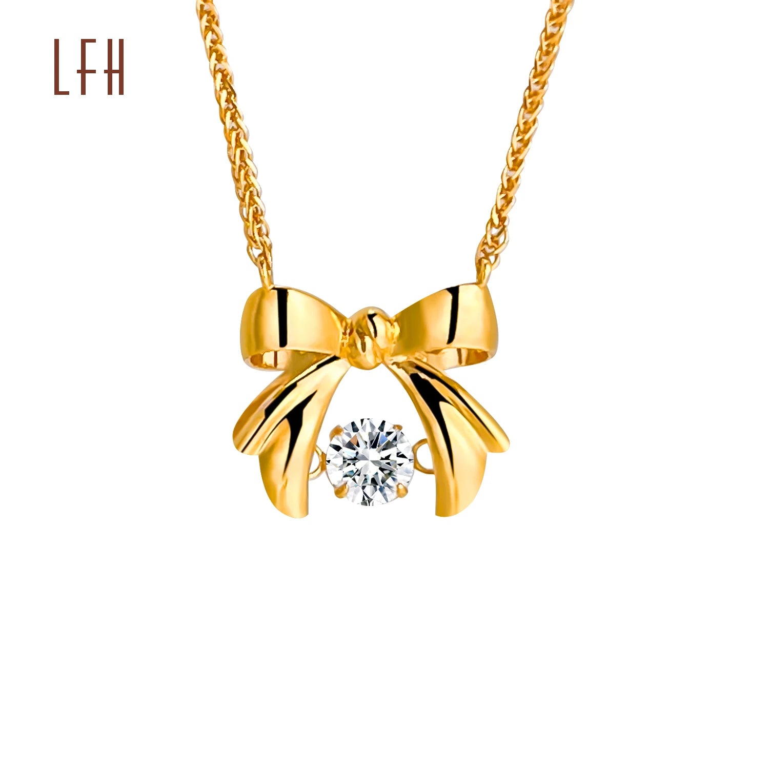 Shiny Gold 18k CZ Bow Heart Necklace Bowknot Heart Pendant Necklace Real Gold Jewelry 18k with Certificate