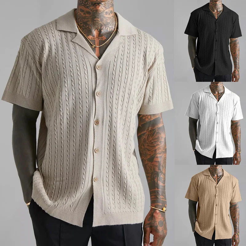 M-3XL Men's Light Luxury Button-down Leisure Knitted Polo Shirt Popular Retro Solid Color Short Sleeve Chic Jacquard Knitwear