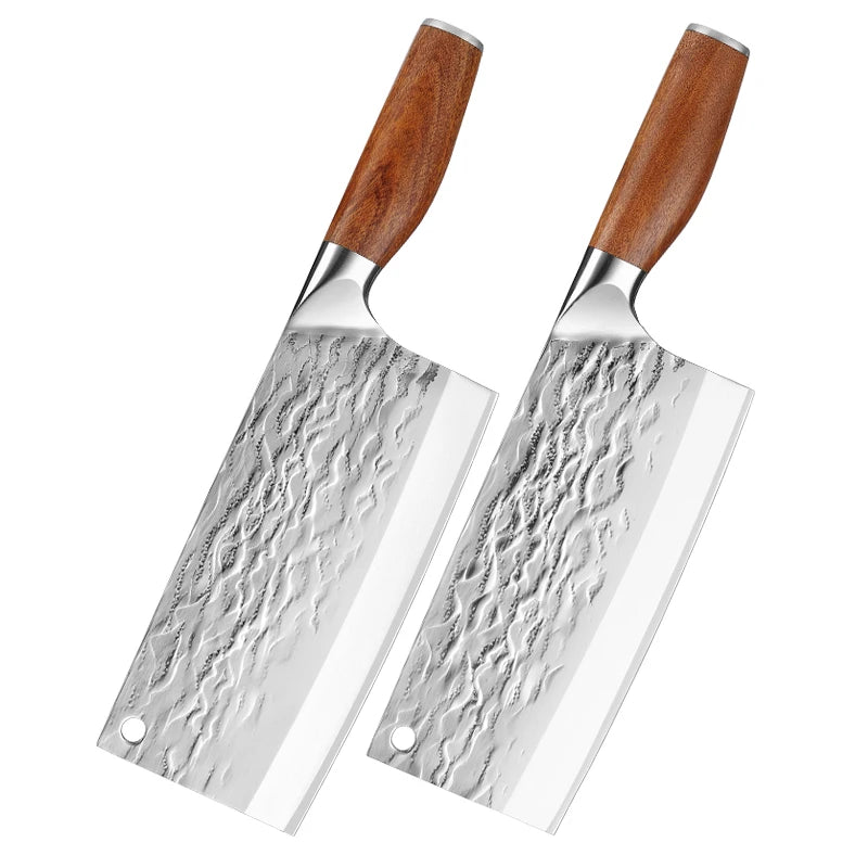 8-Inch Hand Forged 4CR13 Stainless Steel Kitchen Knife Set with Wood Handle Chinese Cleaver Slicing Chopper for Kitchen Use