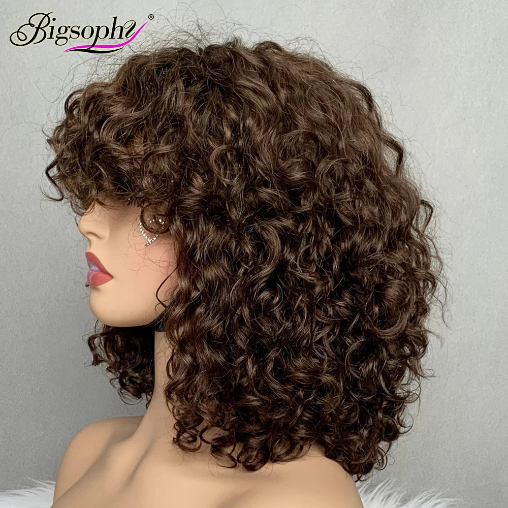 Top Quality Double Drawn Brown Color Fringe Bob Wig Vietnamese Raw Hair Wigs12" Luxury Curl #4 Vietnam Hair Perruque