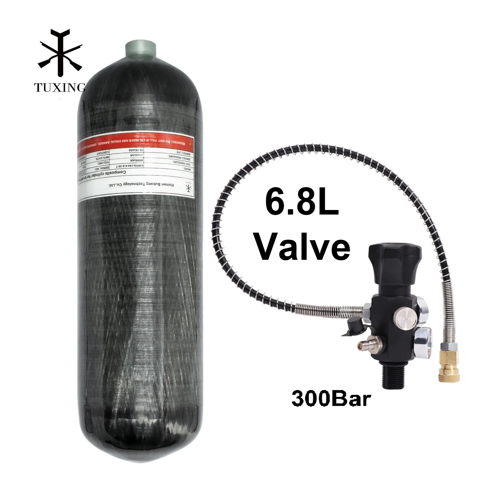 TUXING High Pressure 6.8L 4500psi 300bar 30mpa Wrapped Composite Carbon Fiber Cylinder Scuba Diving Tank With Fill Station Valve
