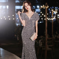 Sequin Mermaid Evening Dress Bow Elegant V-Neck Long Prom Formal Dresses Women Wedding Party Gowns