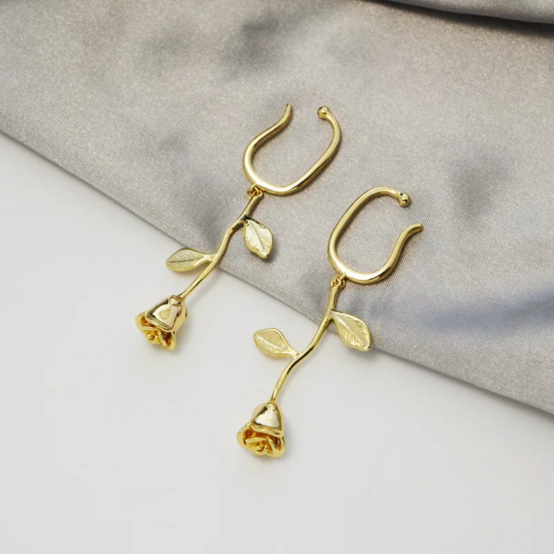 2022 New Arrival Rose Flower Ear Clip Delicate Fashion Gold Plated Rose Flower Earrings Women